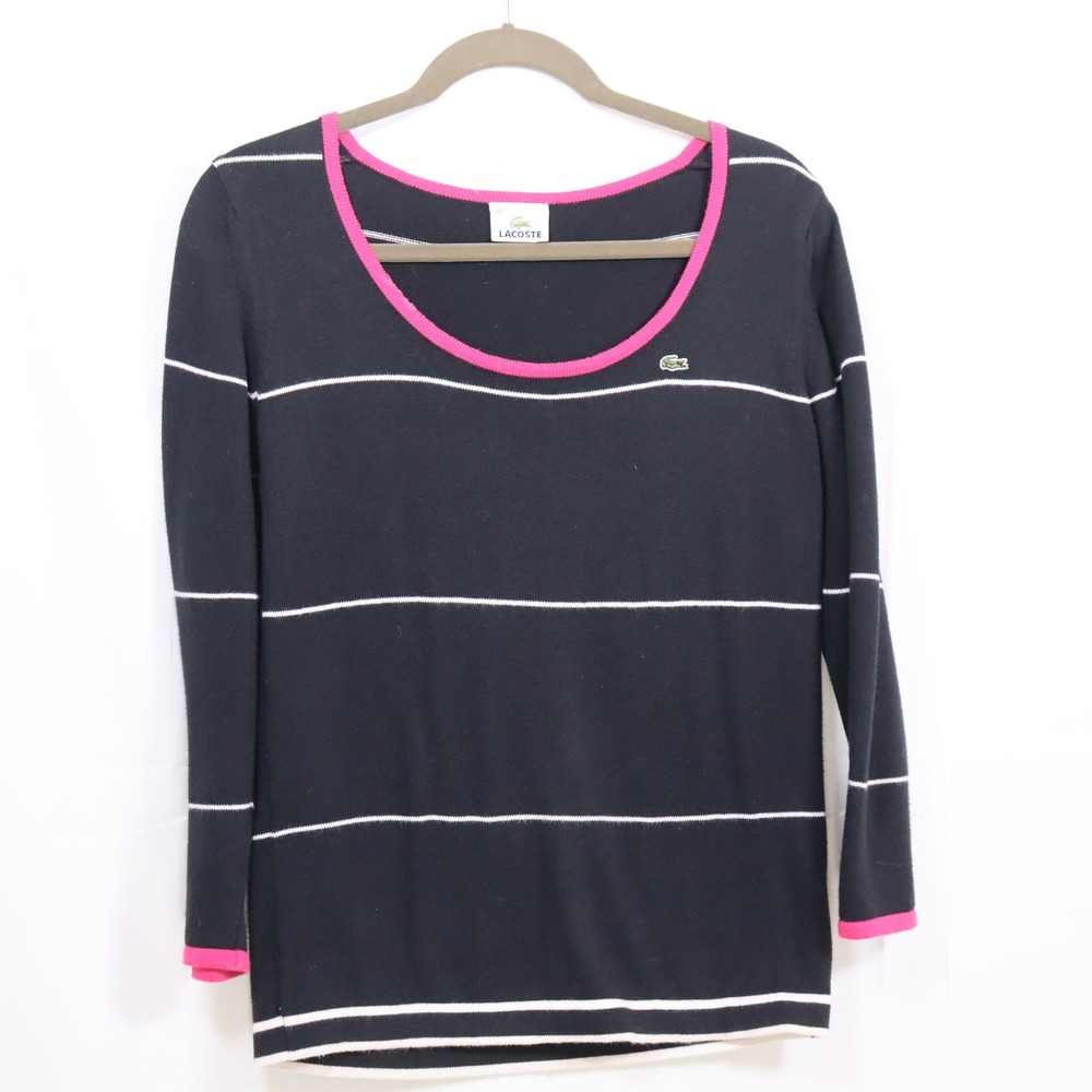 Lacoste Striped Sweater 40 Navy‎ Women Scoop Neck Preppy Pullover